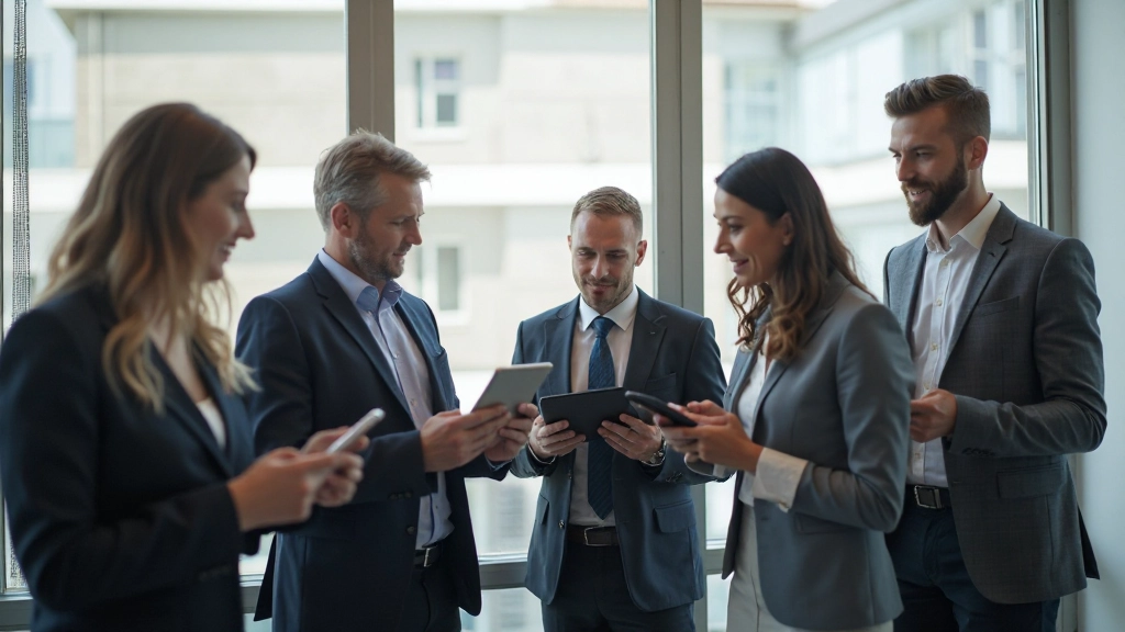 Profesionales austriacos usando dispositivos móviles en entorno moderno