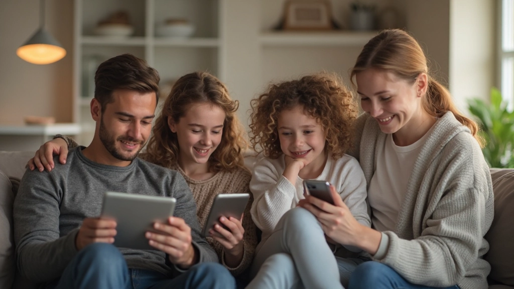 Österreichische Familie nutzt verschiedene Geräte zusammen zuhause