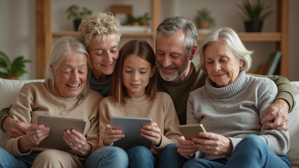 Österreichische Familie nutzt verschiedene Geräte zusammen zuhause