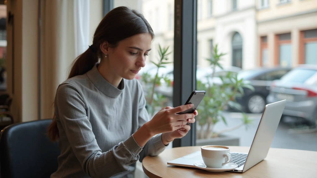 Österreichische Nutzer nutzen Smartphones in modernem Café mit Kaffee und Arbeitsplatz